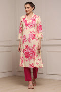 White and Pink Printed Straight Kurta