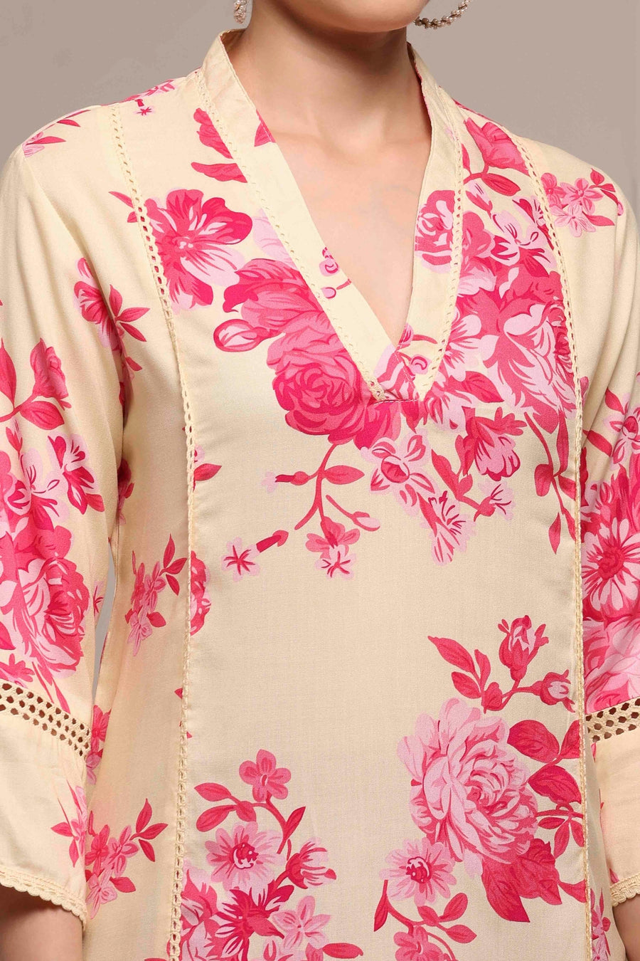 White and Pink Printed Straight Kurta - image 2