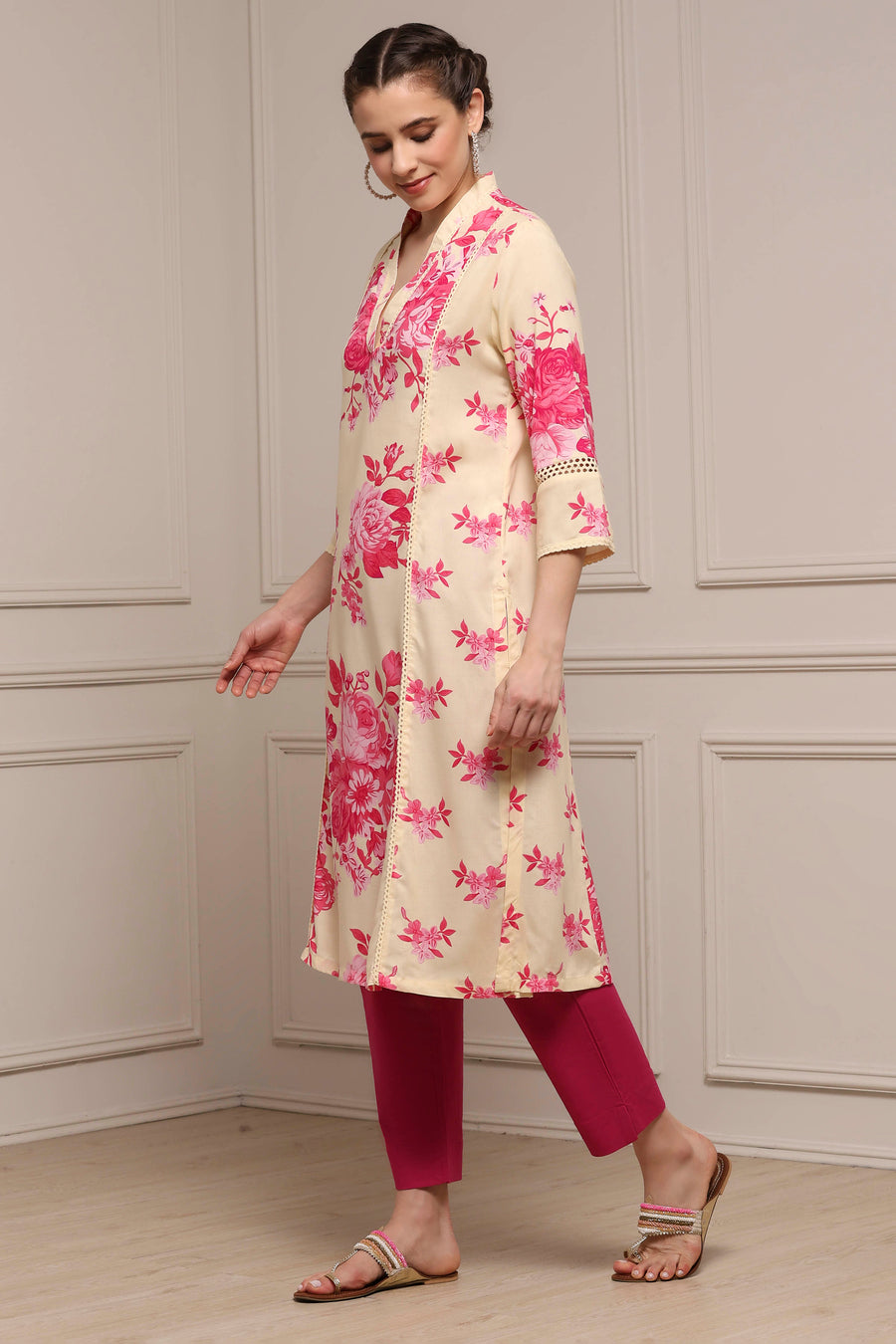 White and Pink Printed Straight Kurta - image 3