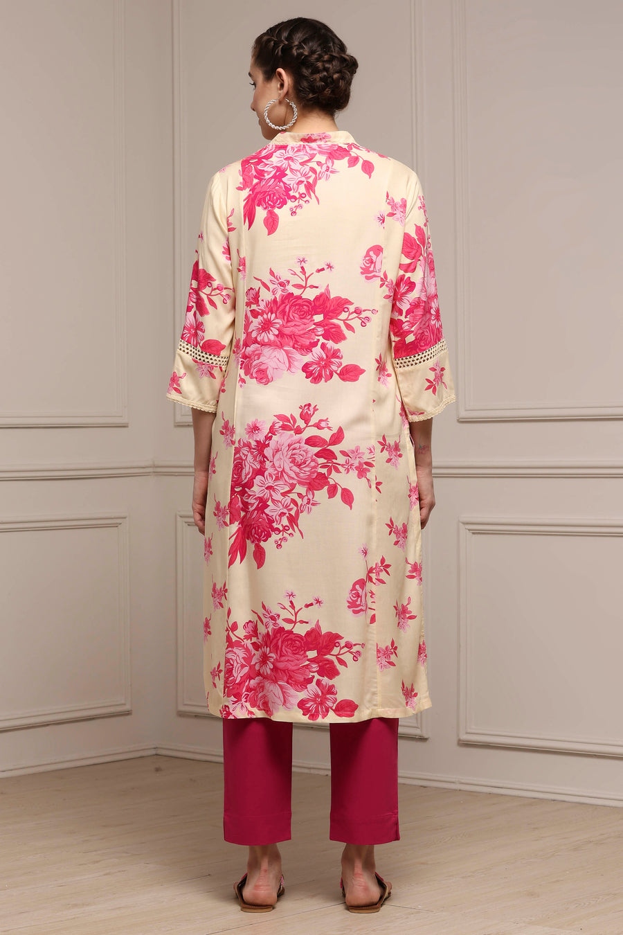 White and Pink Printed Straight Kurta - image 4
