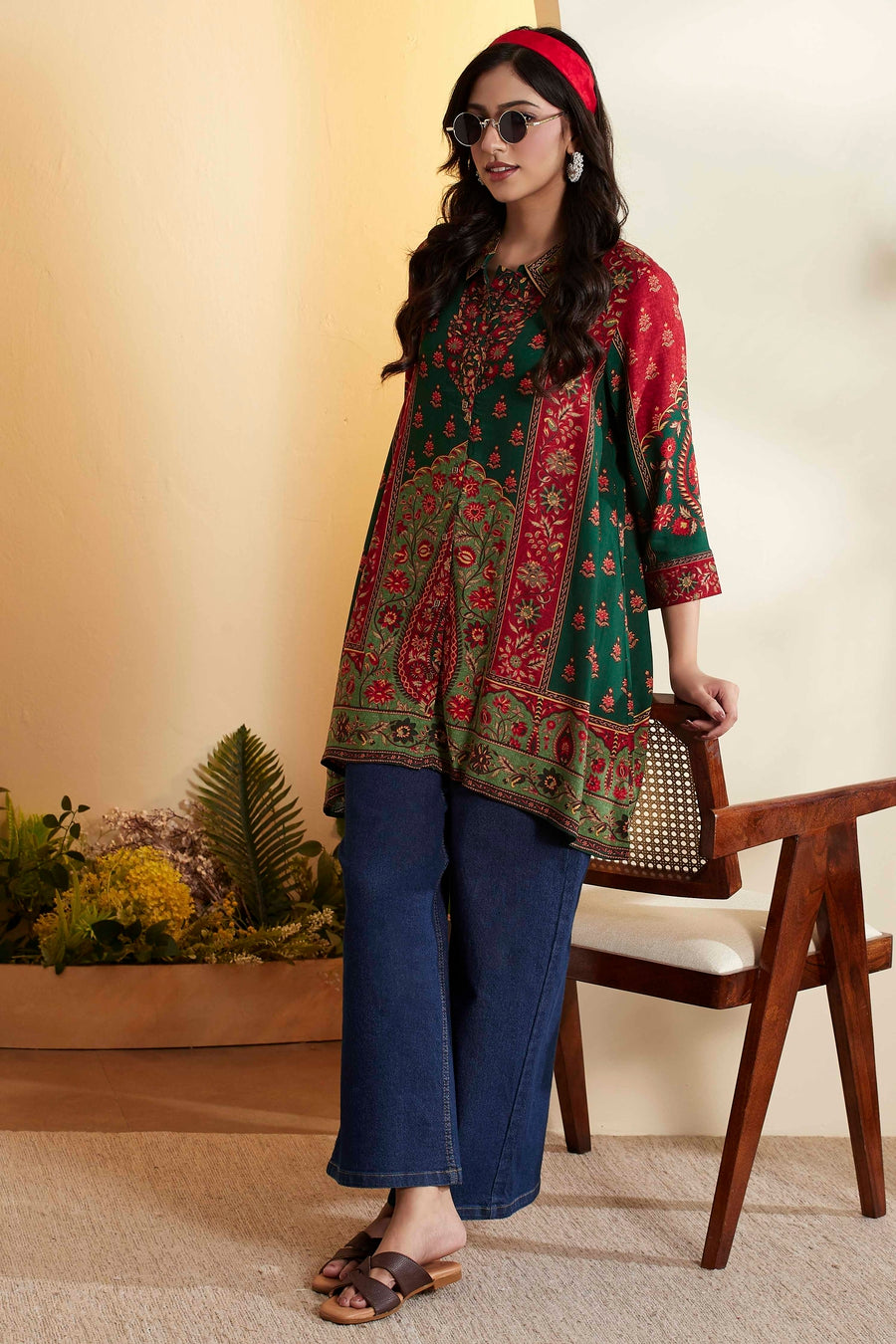 Green Viscose Rayon Printed Asymmetric Kurti