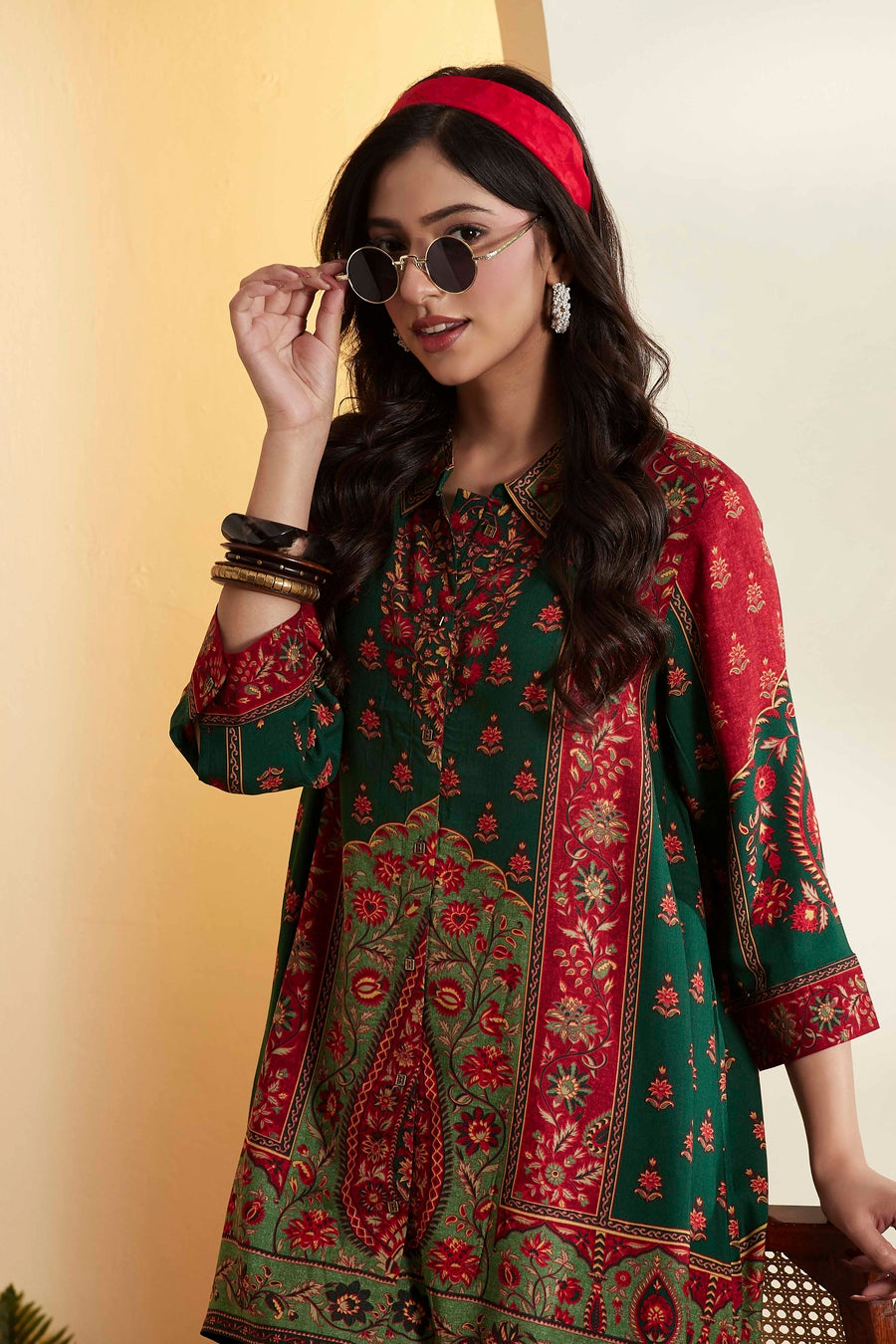 Green Viscose Rayon Printed Asymmetric Kurti - image 2