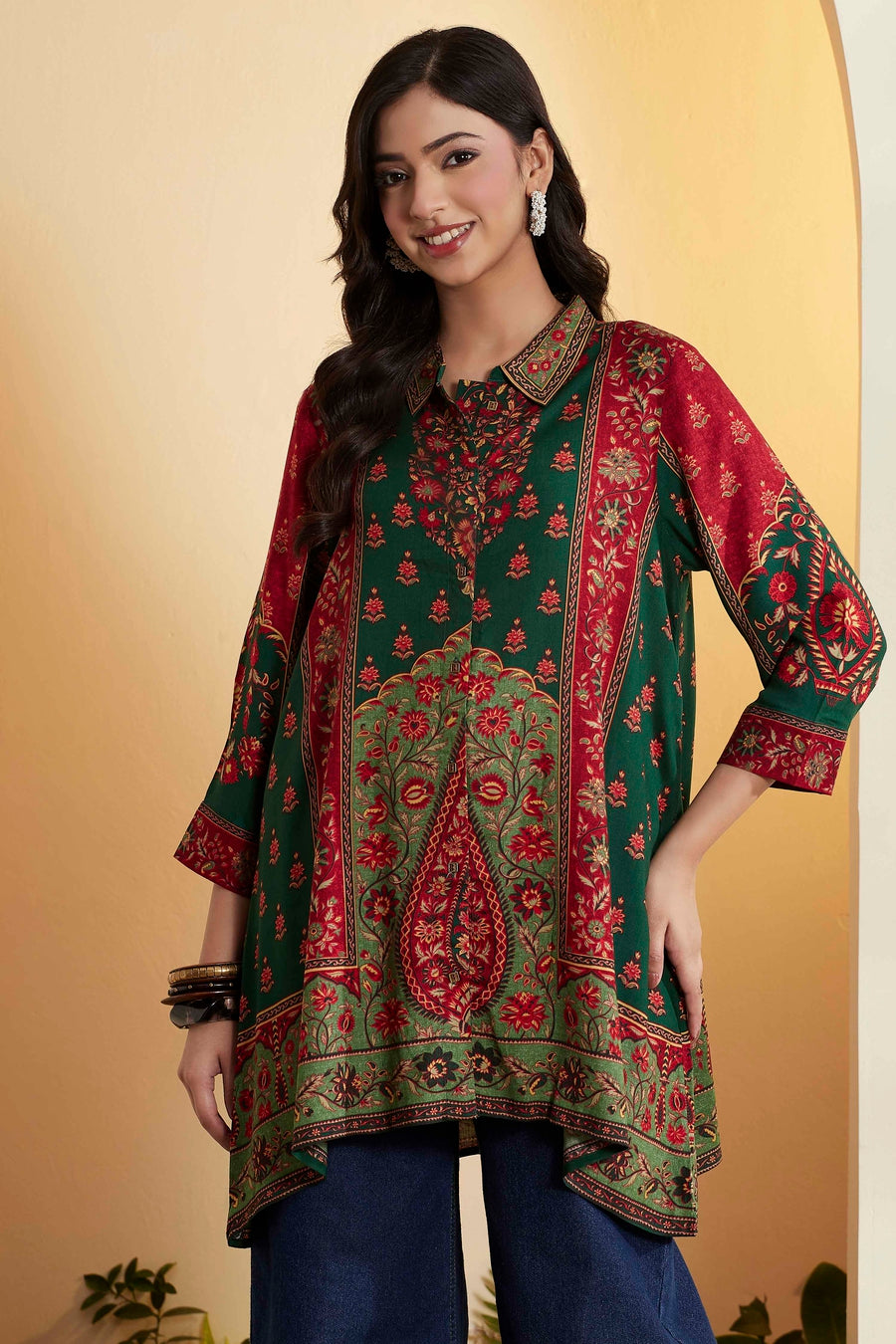 Green Viscose Rayon Printed Asymmetric Kurti - image 6