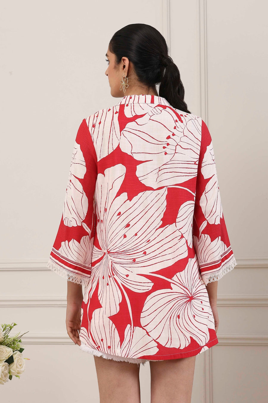 Red & White Floral Printed Straight Kurti - image 4