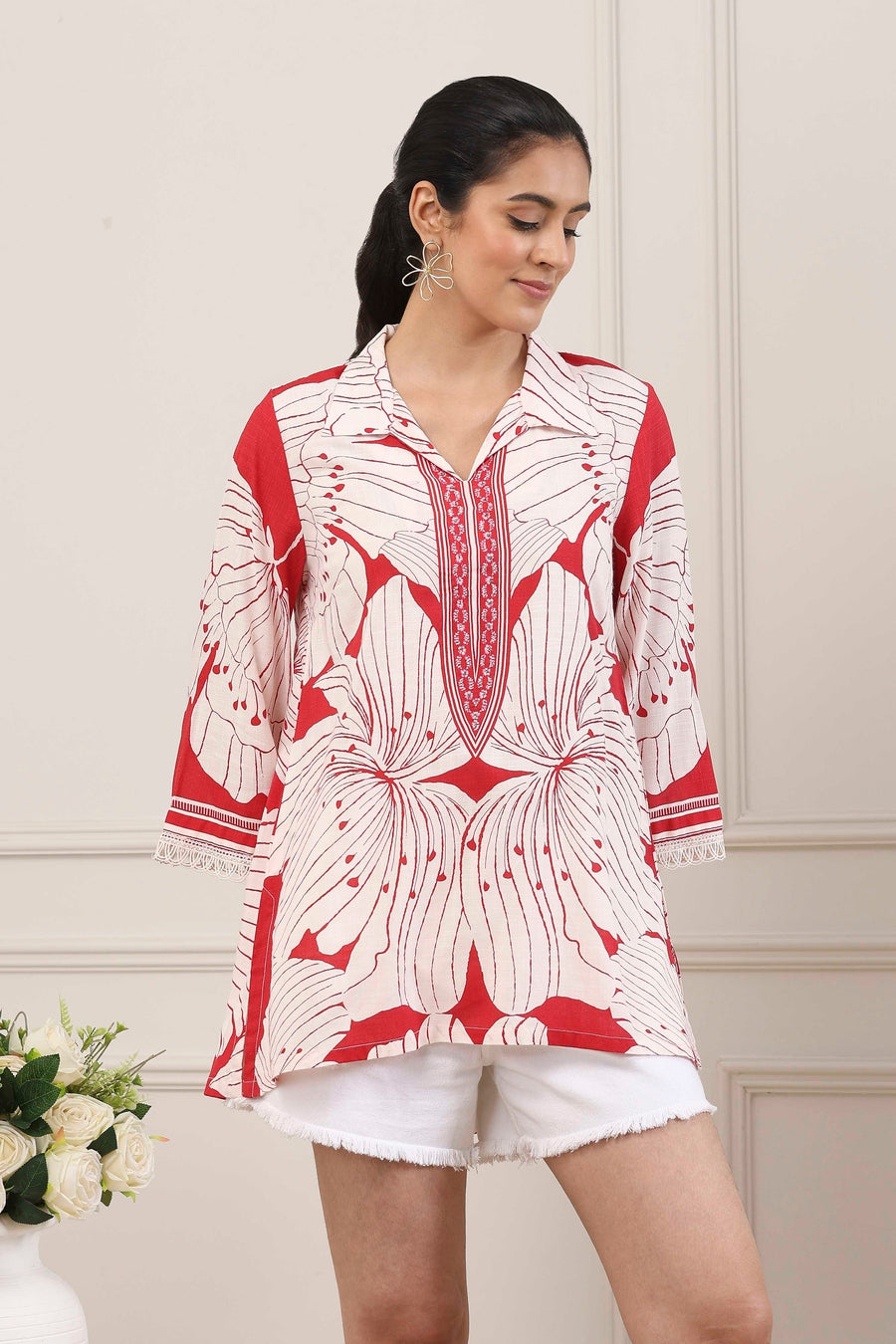 Red & White Floral Printed Straight Kurti - image 6