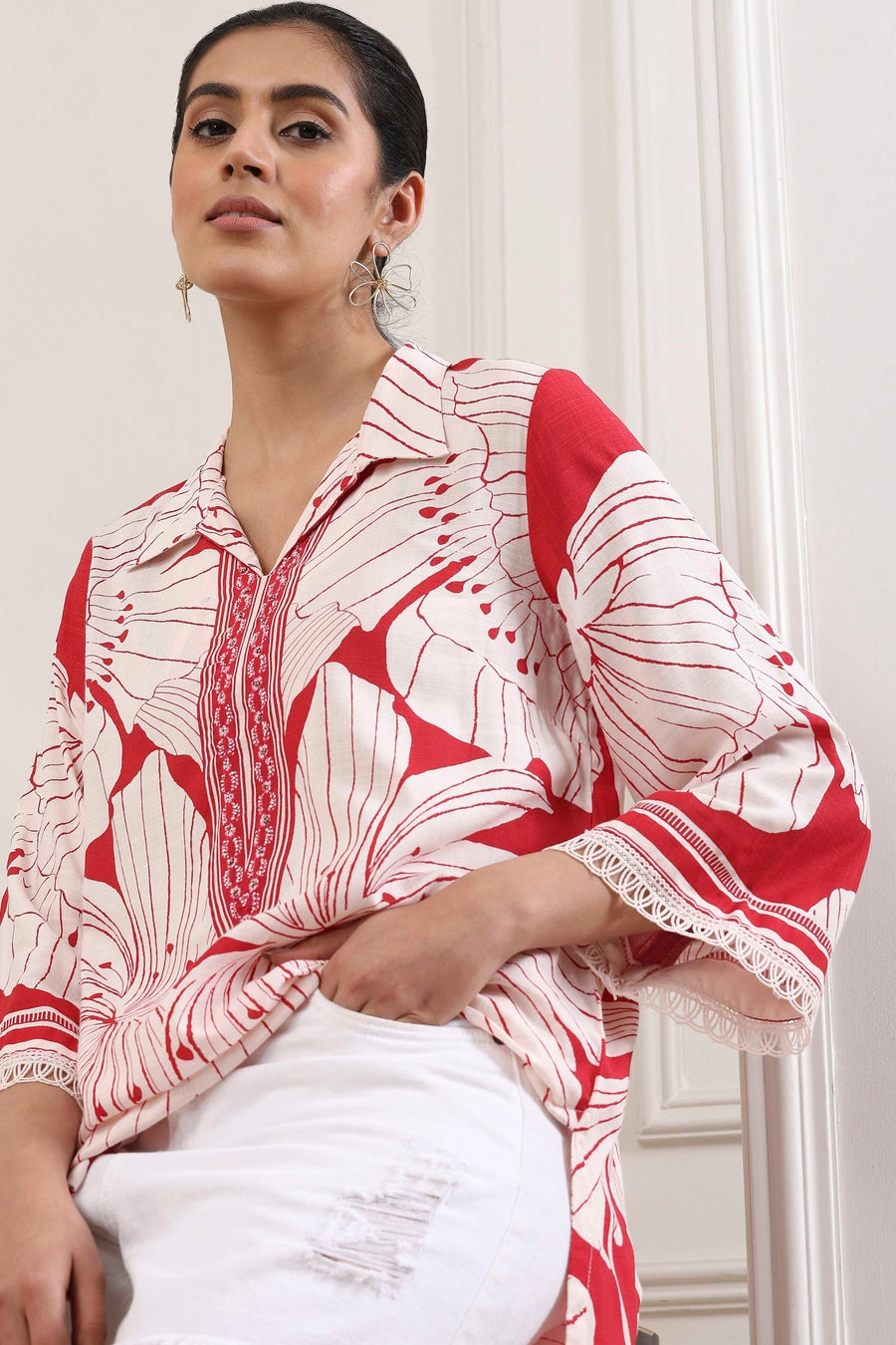 Red & White Floral Printed Straight Kurti - image 7