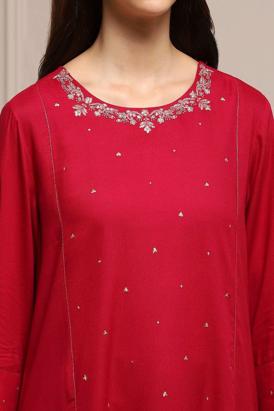 Red Viscose Rayon Sequin Embroidered Straight Kurta - image 2