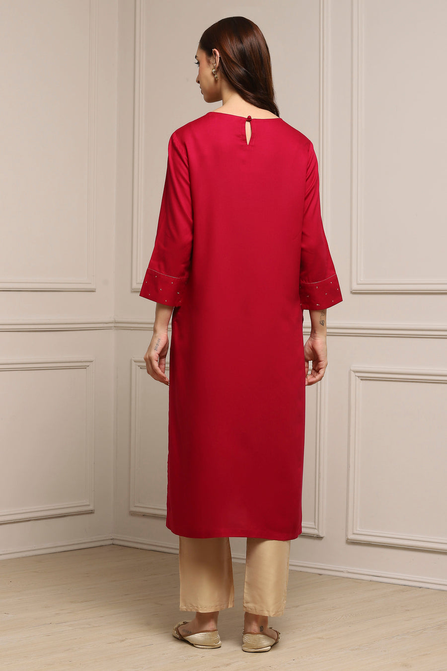 Red Viscose Rayon Sequin Embroidered Straight Kurta - image 4