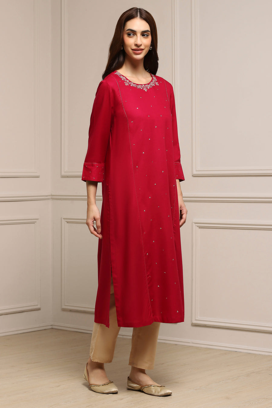 Red Viscose Rayon Sequin Embroidered Straight Kurta - image 5