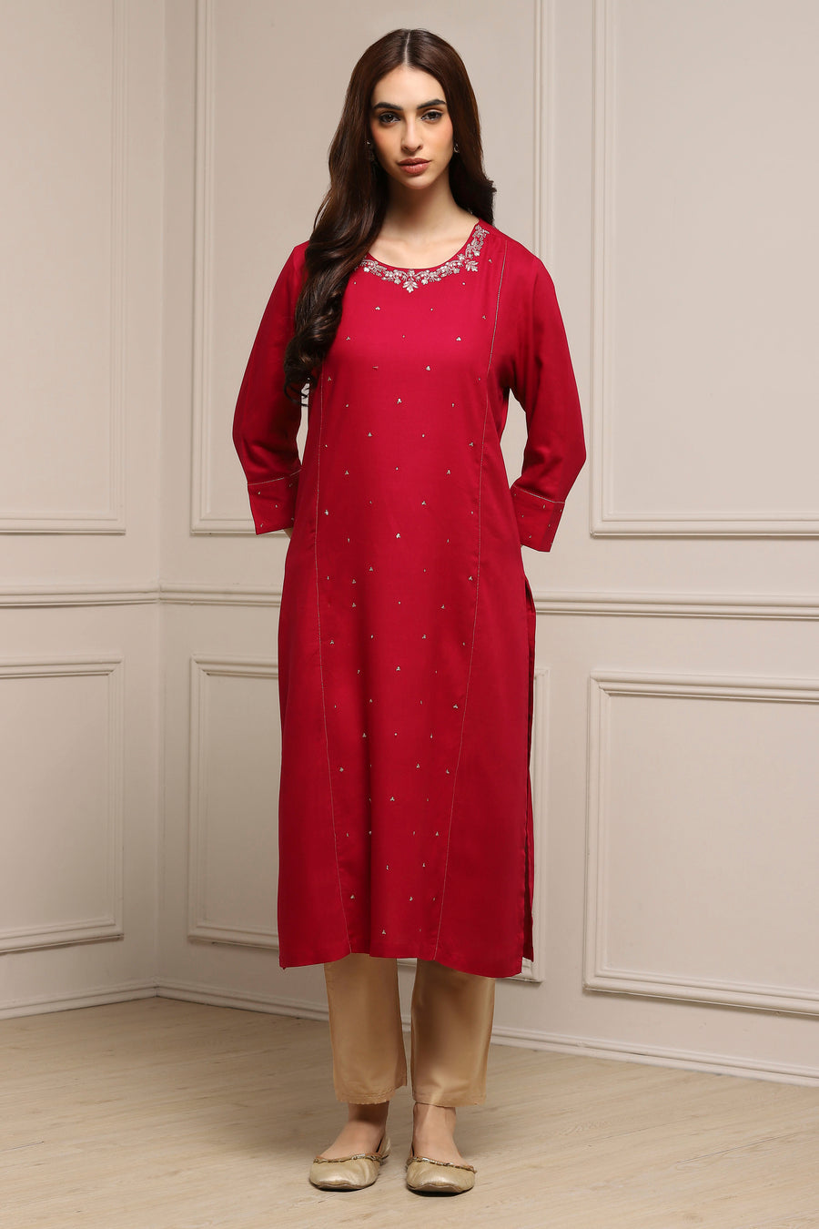 Red Viscose Rayon Sequin Embroidered Straight Kurta - image 6