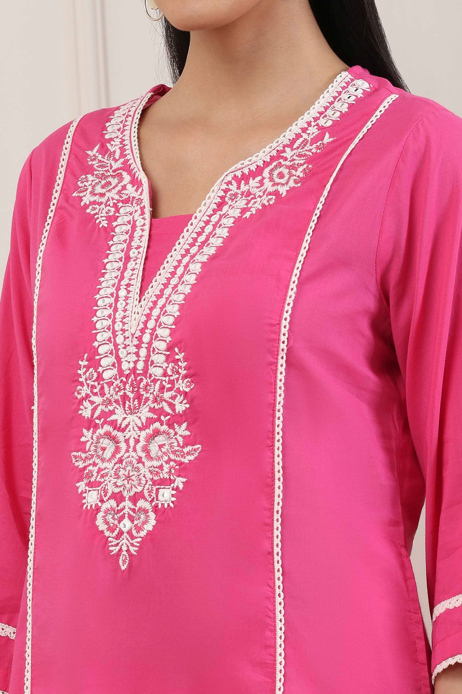 Pink Cotton Yoke Embroidered Straight Kurta - image 2