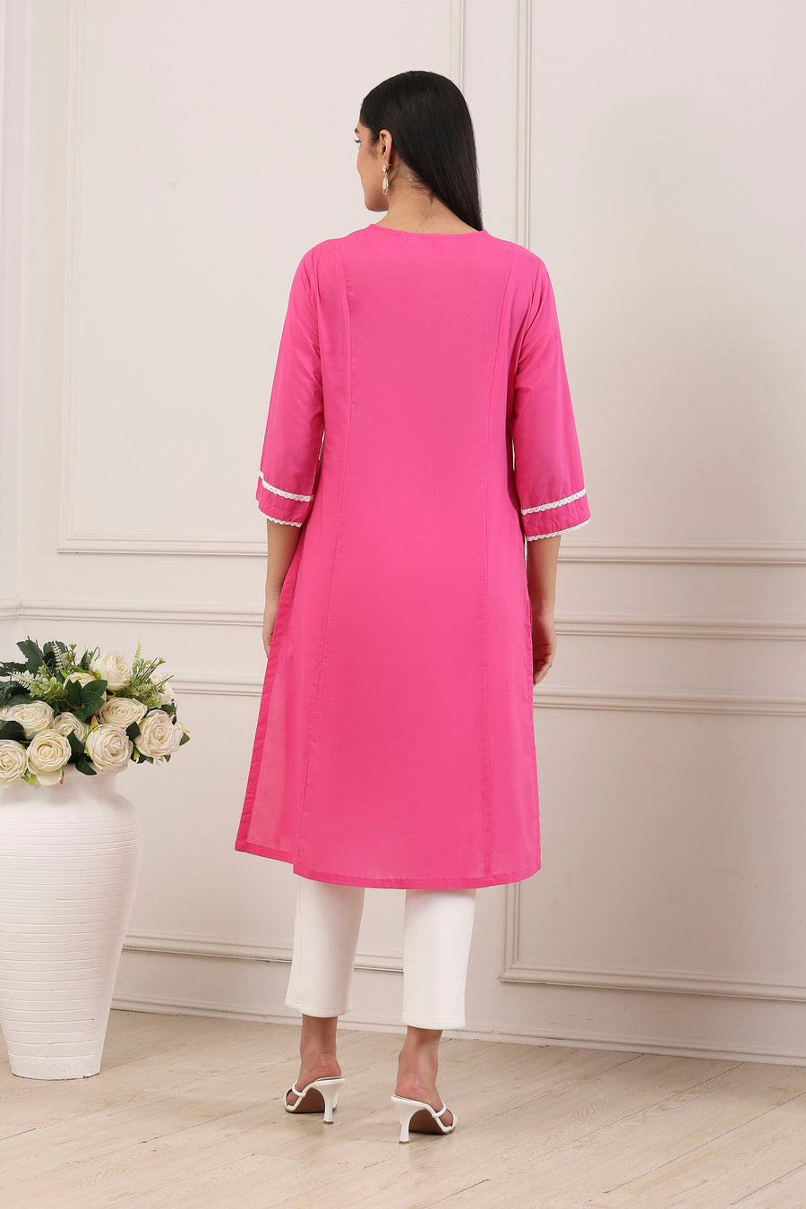 Pink Cotton Yoke Embroidered Straight Kurta - image 4