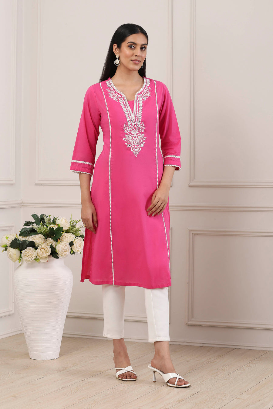 Pink Cotton Yoke Embroidered Straight Kurta - image 5