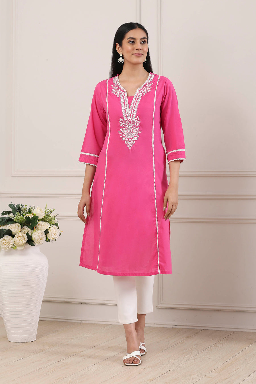 Pink Cotton Yoke Embroidered Straight Kurta - image 6
