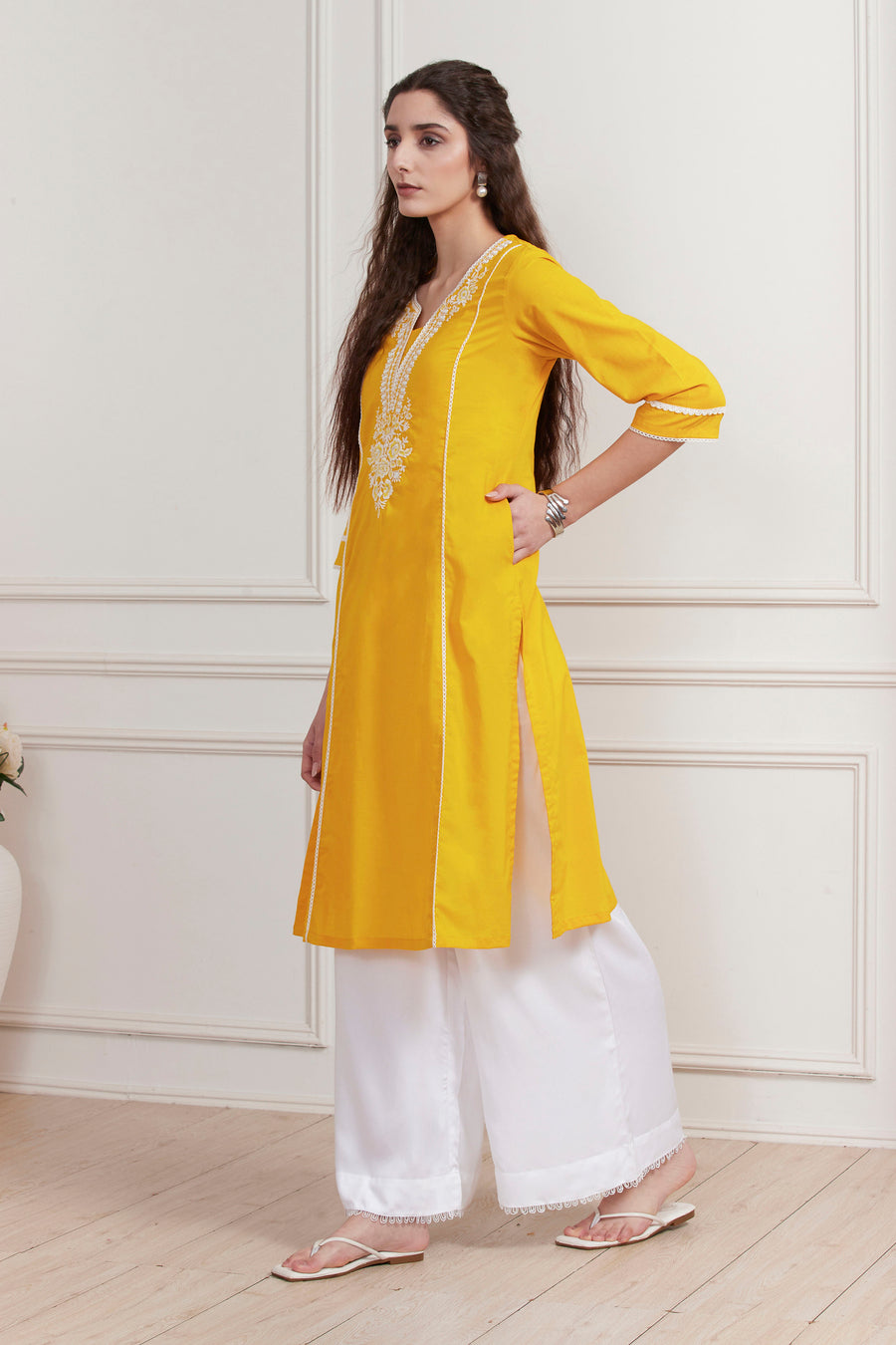 Yellow Cotton Solid Straight Kurta - image 3
