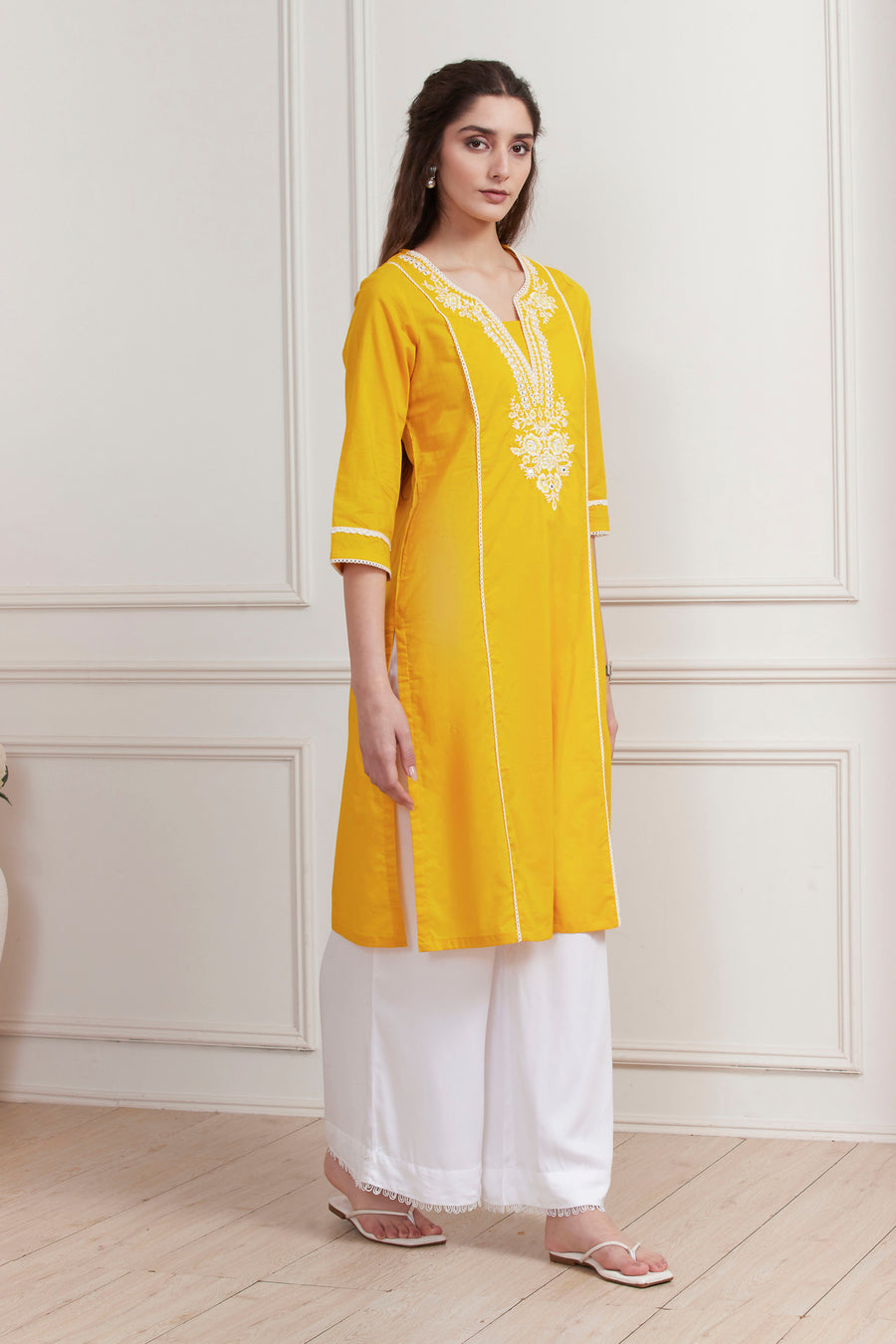 Yellow Cotton Solid Straight Kurta - image 5