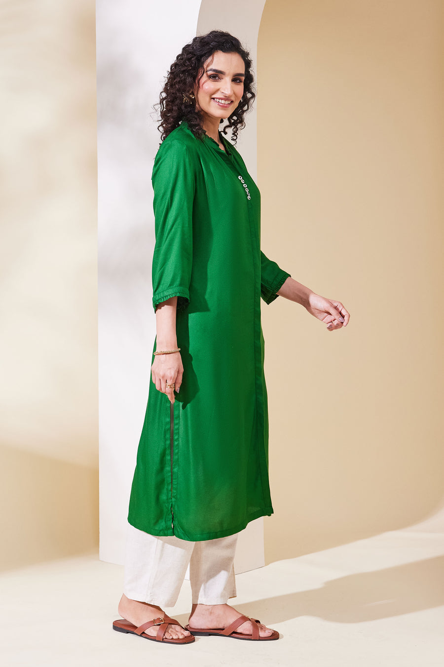 Green Solid Viscose Rayon Straight Kurta - image 5