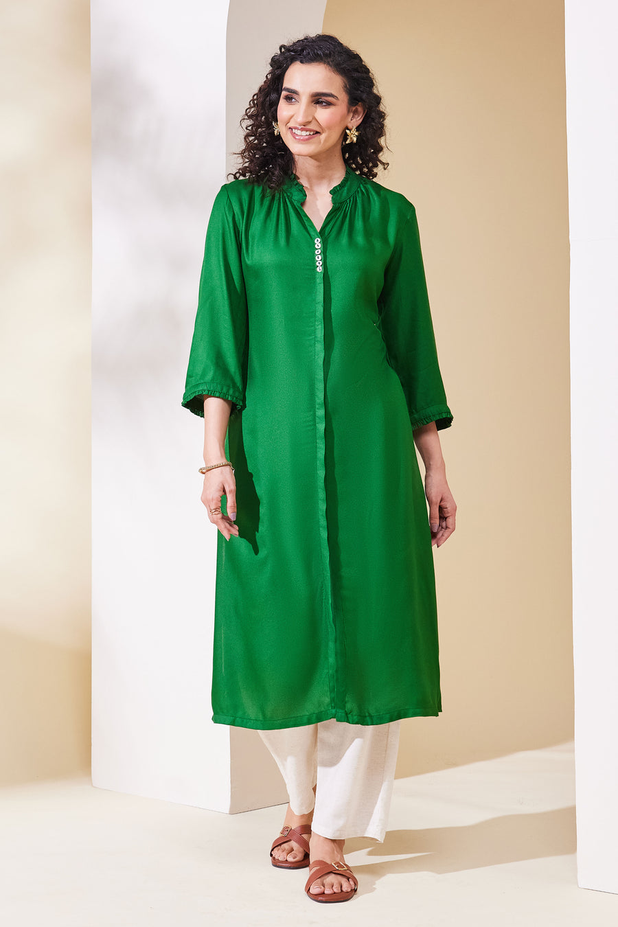 Green Solid Viscose Rayon Straight Kurta - image 6
