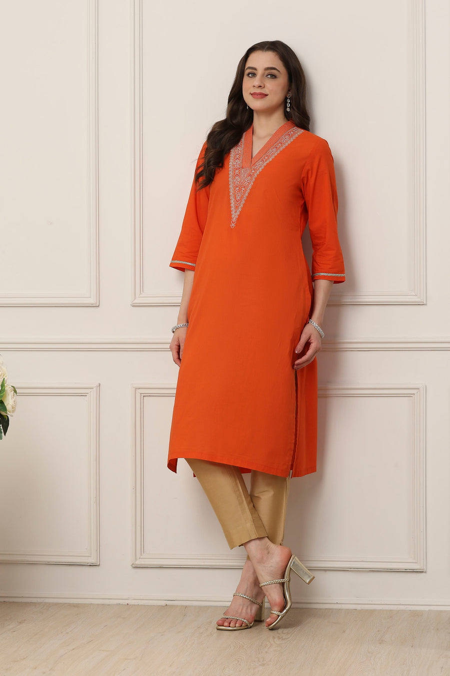 Orange Cotton Floral Thread Work Straight Kurta
