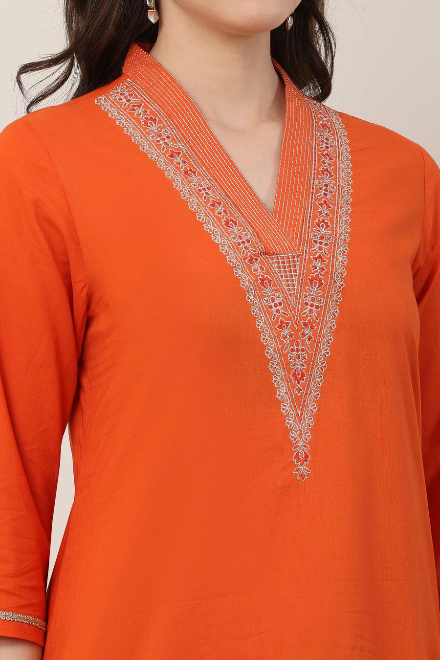 Orange Cotton Floral Thread Work Straight Kurta - image 2