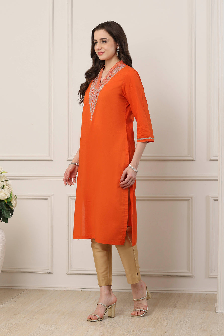Orange Cotton Floral Thread Work Straight Kurta - image 3