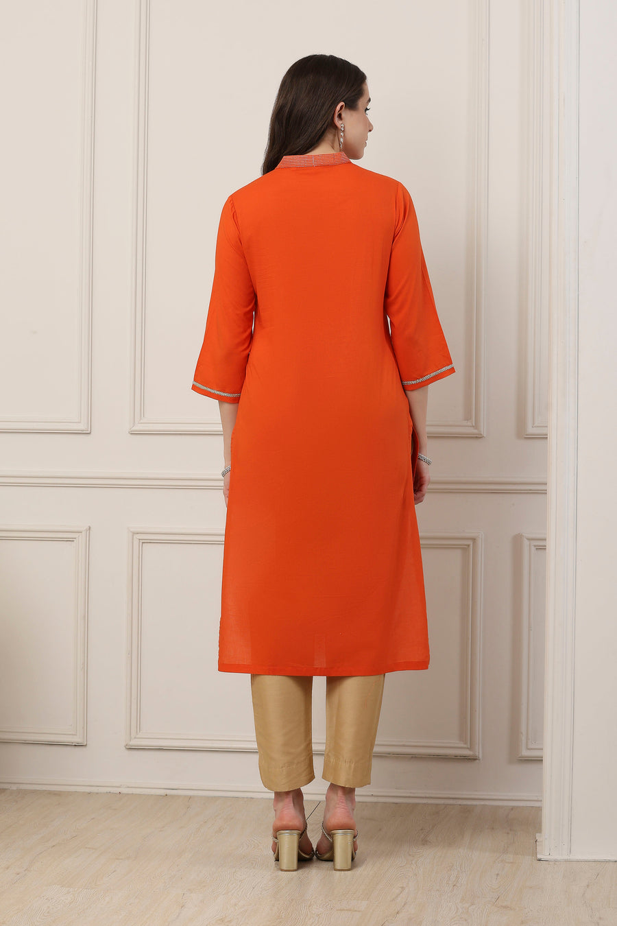 Orange Cotton Floral Thread Work Straight Kurta - image 4