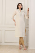 White Cotton Floral Thread Work Straight Kurta
