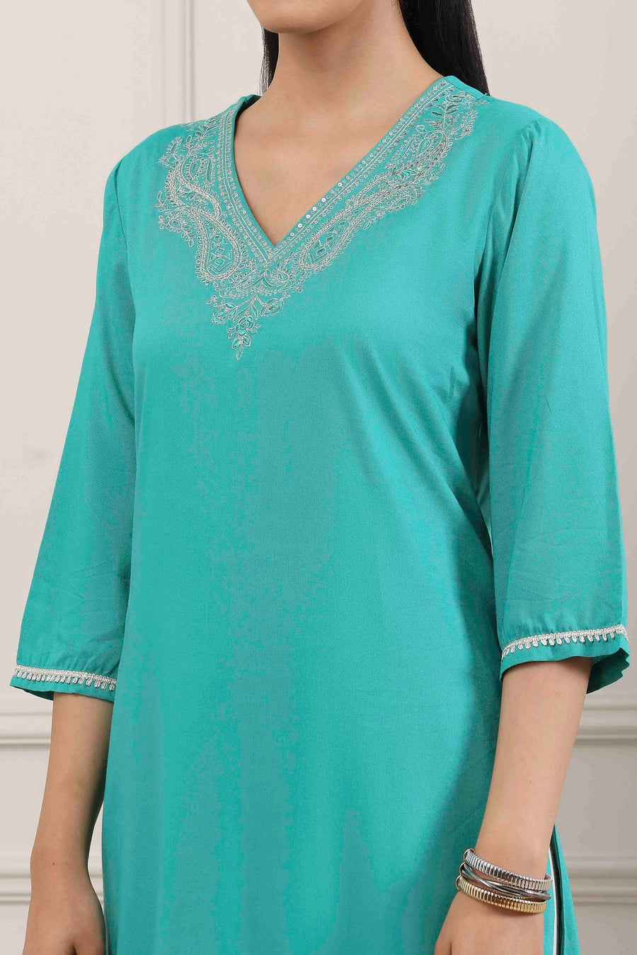 Turquoise Blue Sequined Embroidered Straight Kurta - image 2