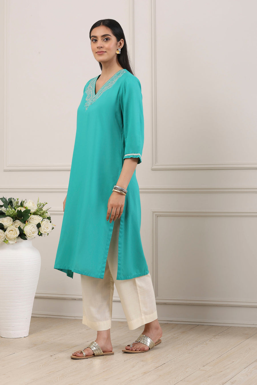 Turquoise Blue Sequined Embroidered Straight Kurta - image 3