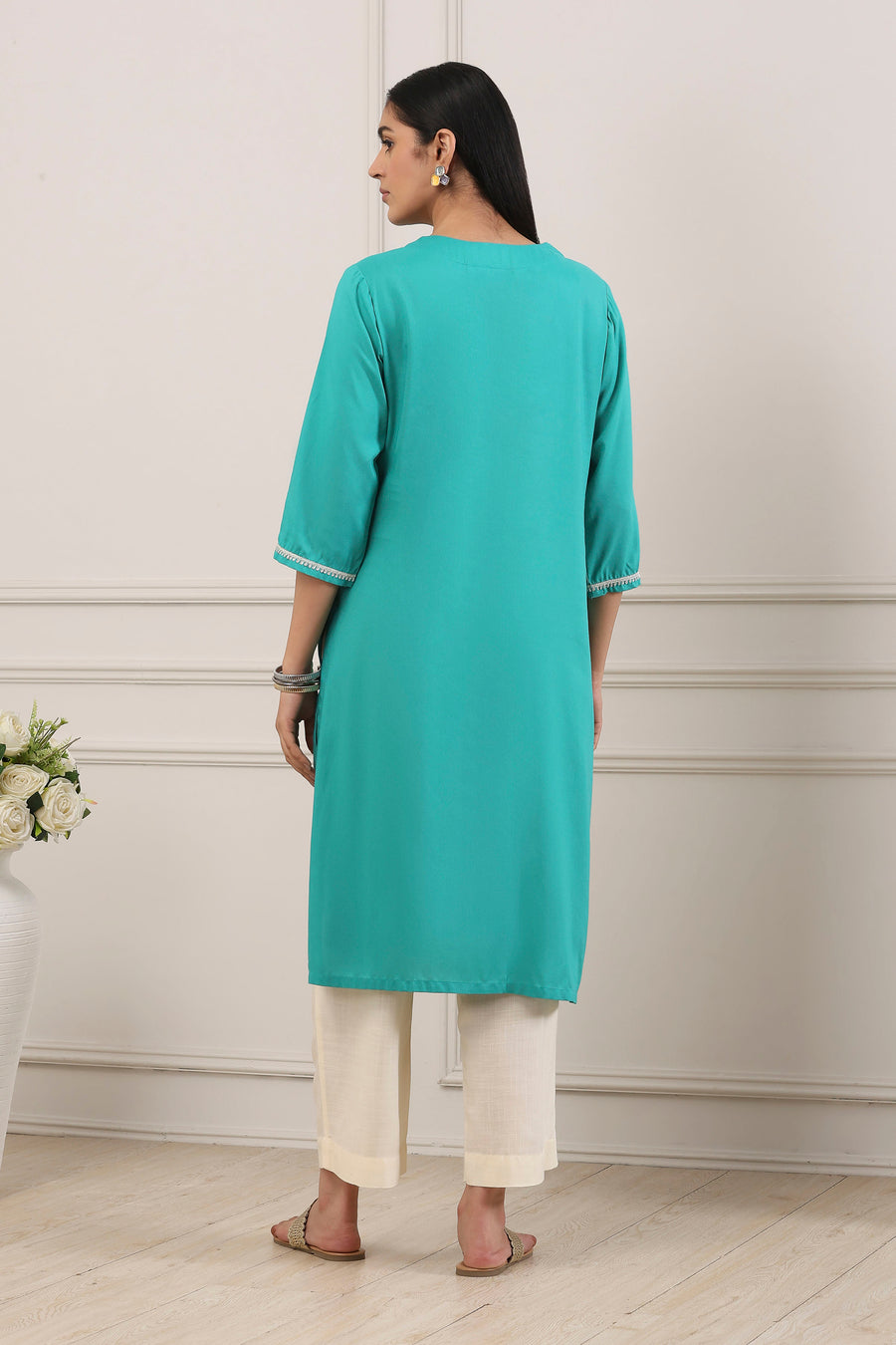 Turquoise Blue Sequined Embroidered Straight Kurta - image 4