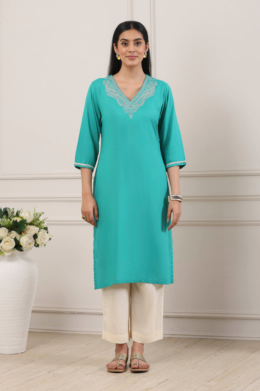 Turquoise Blue Sequined Embroidered Straight Kurta - image 6