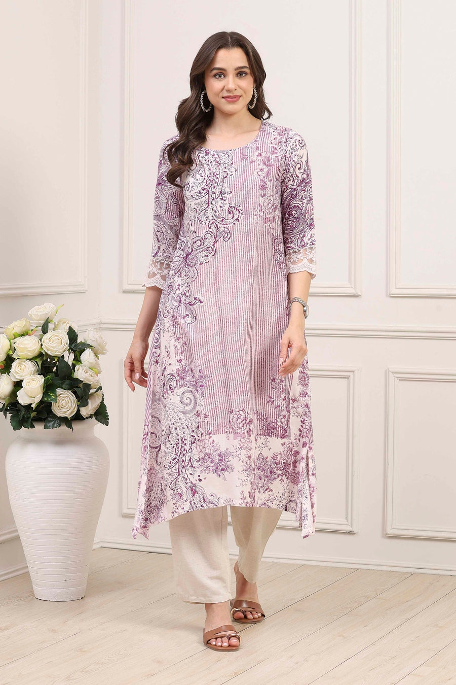 Purple Viscose Rayon Paisley Printed Straight Kurta