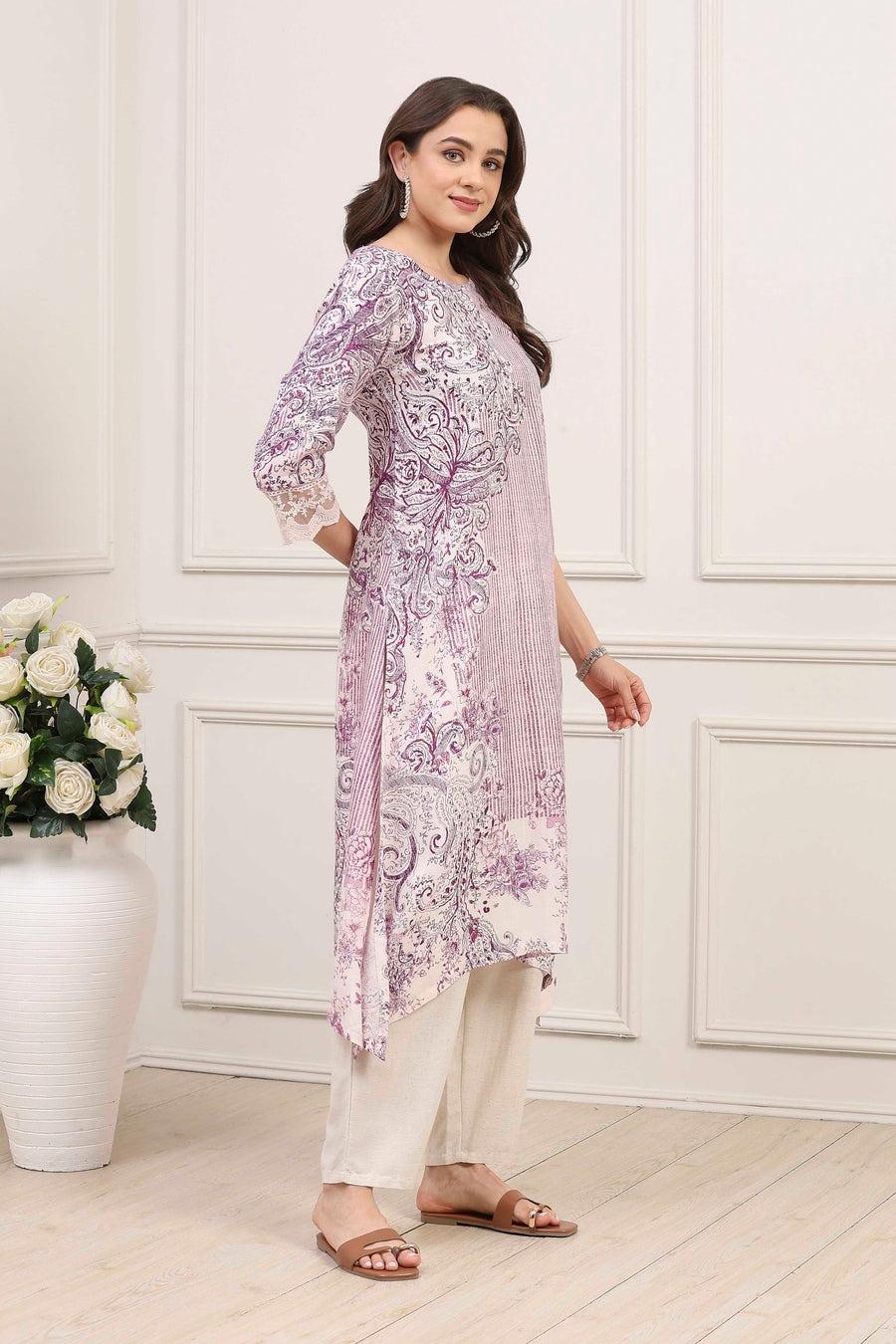 Purple Viscose Rayon Paisley Printed Straight Kurta - image 5