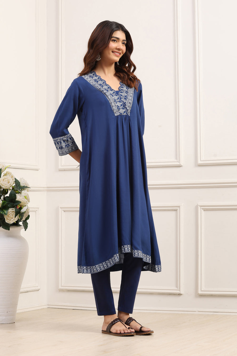 Indigo Viscose Rayon Yoke Design A-Line Kurta - image 5