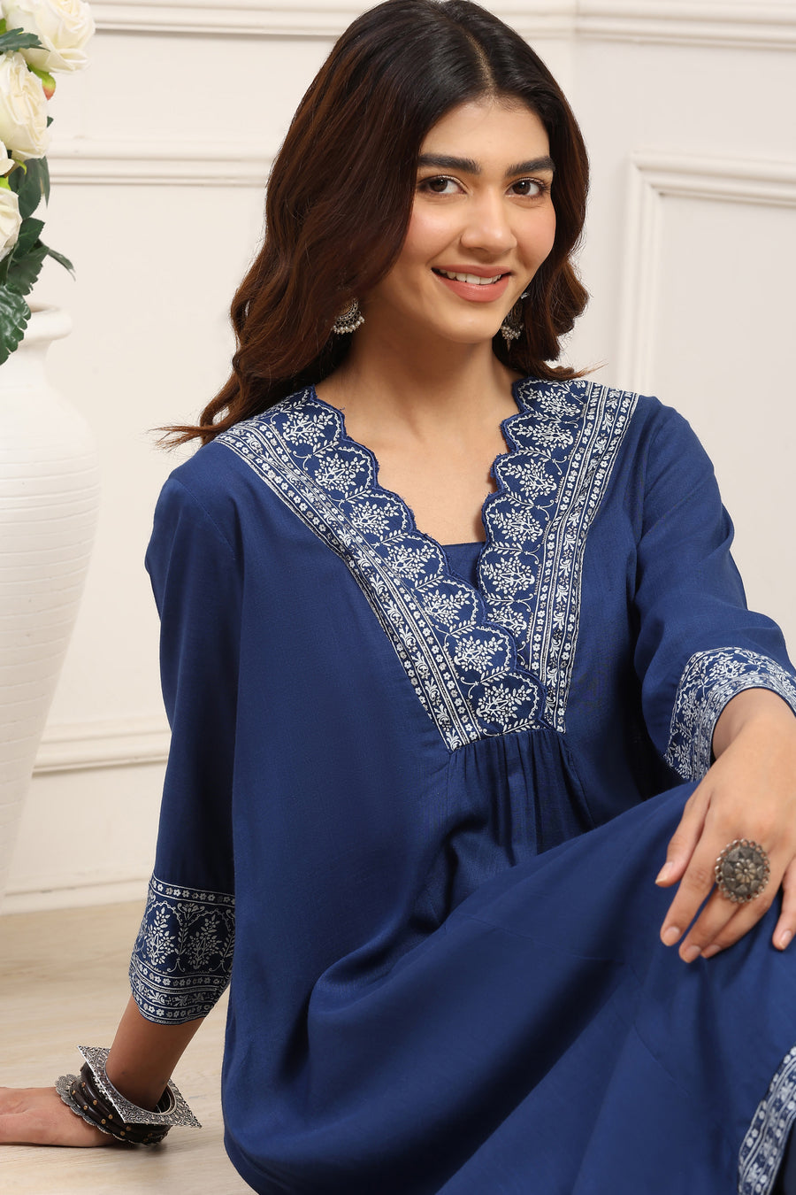 Indigo Viscose Rayon Yoke Design A-Line Kurta - image 7