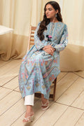 Dull Blue Cotton Printed Flared Kurta