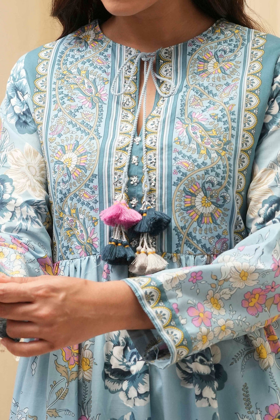 Dull Blue Cotton Printed Flared Kurta - image 2