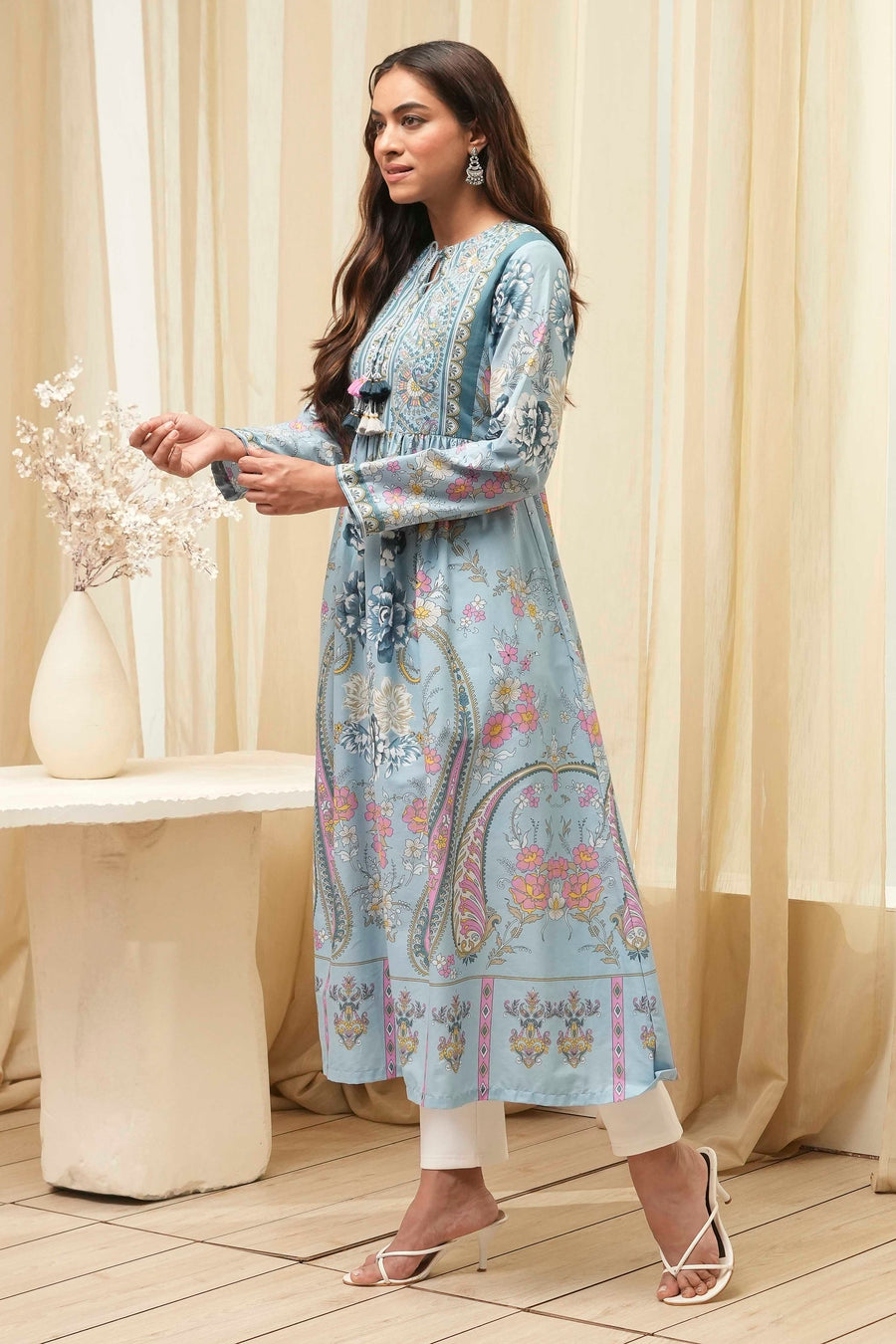 Dull Blue Cotton Printed Flared Kurta - image 4