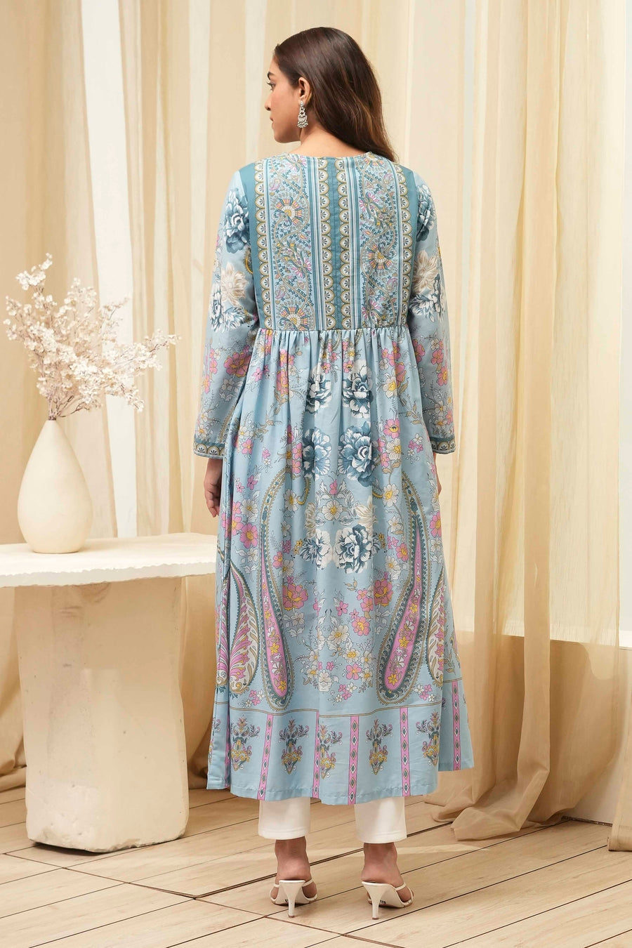 Dull Blue Cotton Printed Flared Kurta - image 5