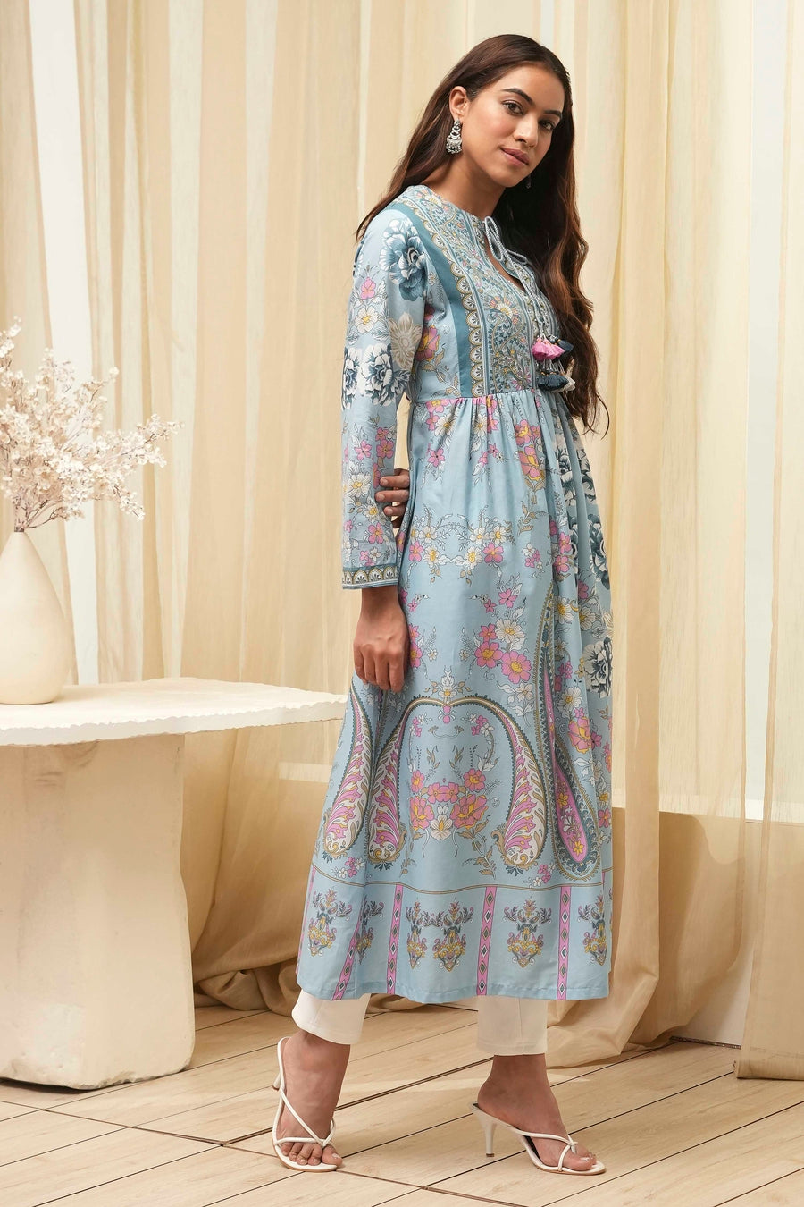Dull Blue Cotton Printed Flared Kurta - image 6