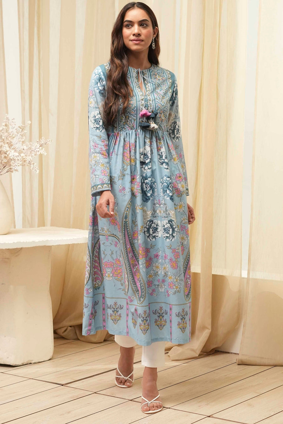 Dull Blue Cotton Printed Flared Kurta - image 7