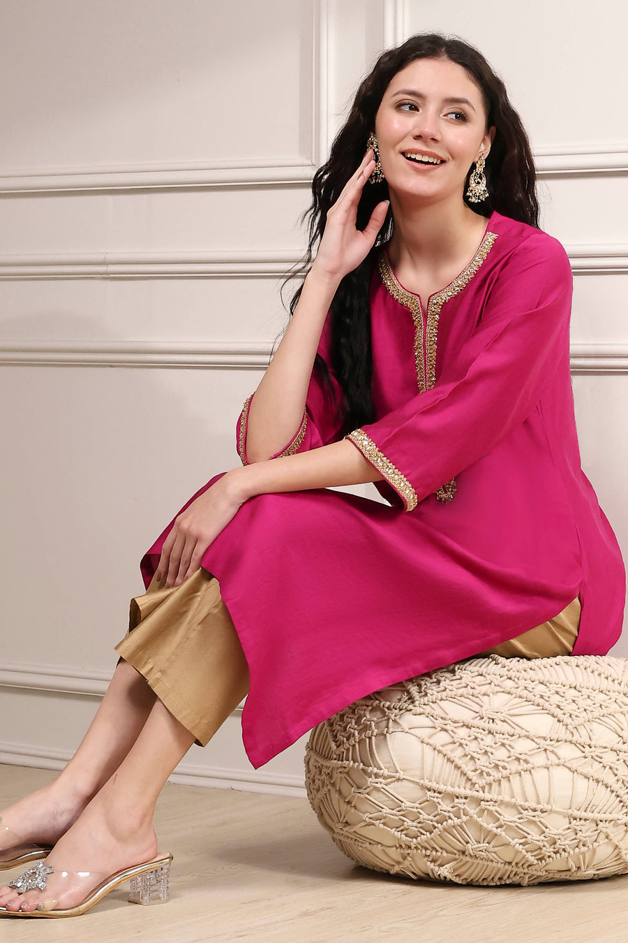 Wine Magenta Solid Straight Kurta