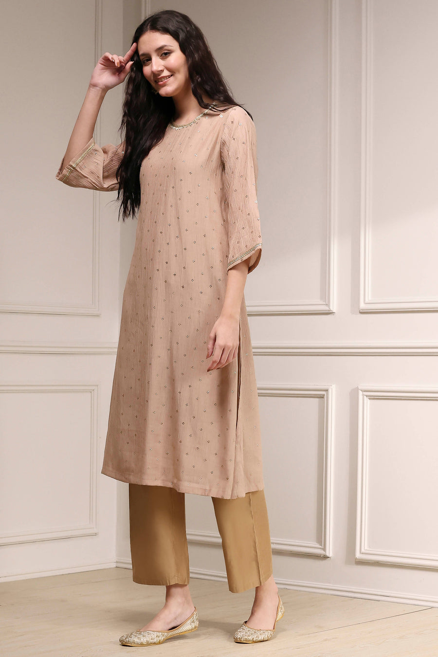 Nude-Toned Metallic Pattern Straight Kurta - image 3