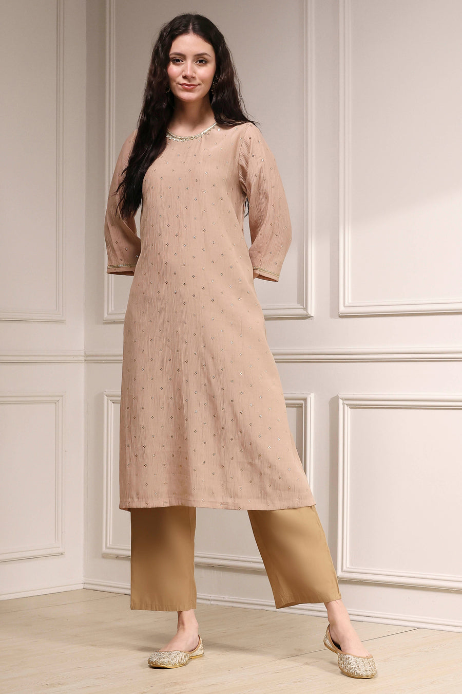 Nude-Toned Metallic Pattern Straight Kurta - image 6