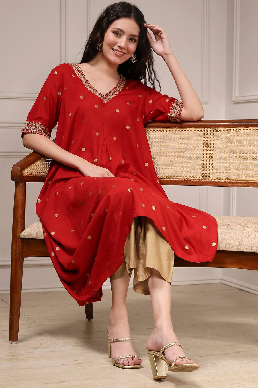 Red Printed Asymmetric A-Line Kurta