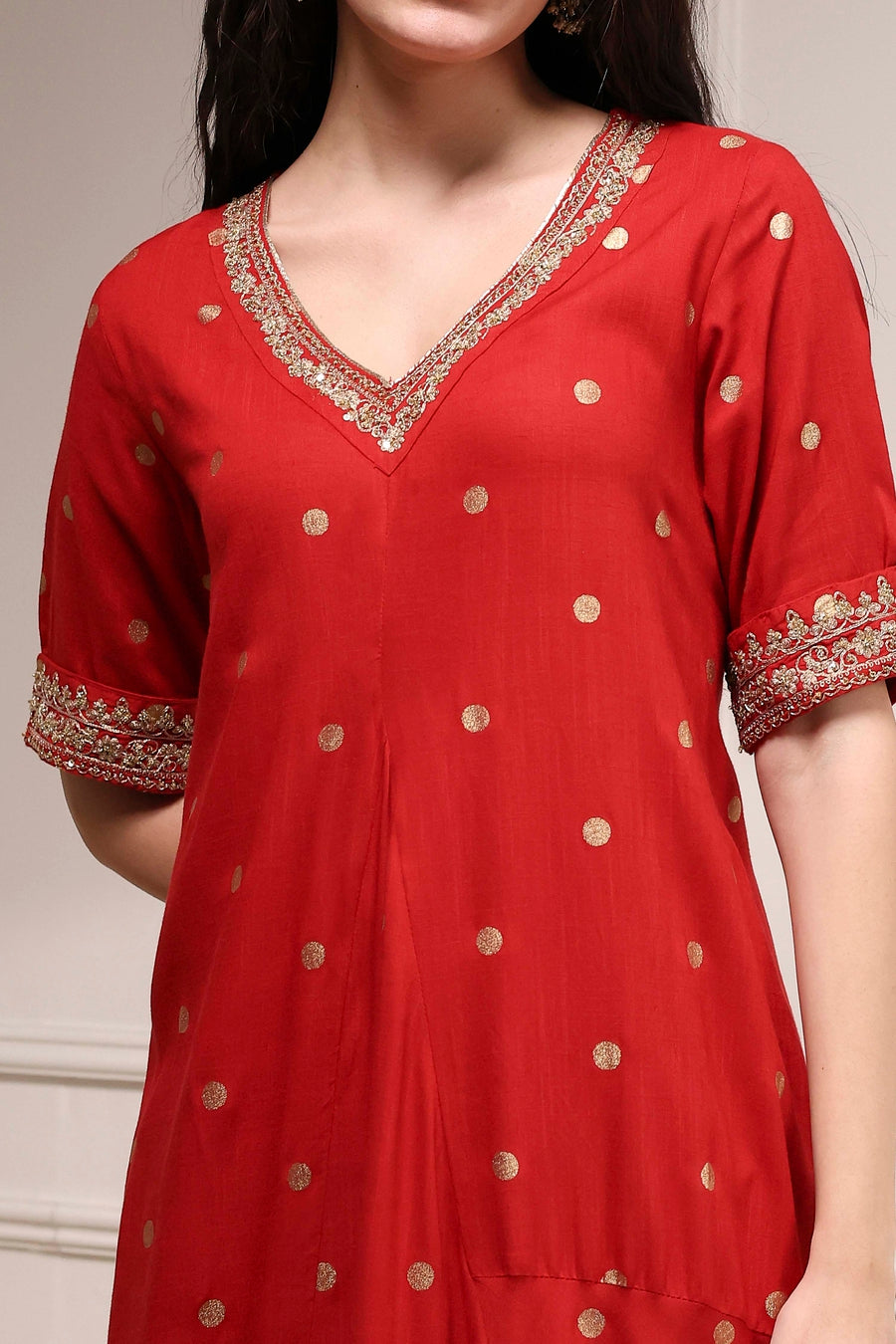 Red Printed Asymmetric A-Line Kurta - image 2