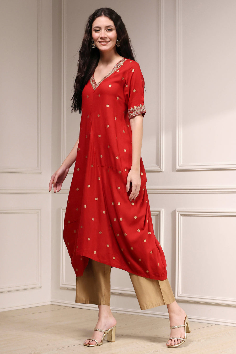 Red Printed Asymmetric A-Line Kurta - image 3