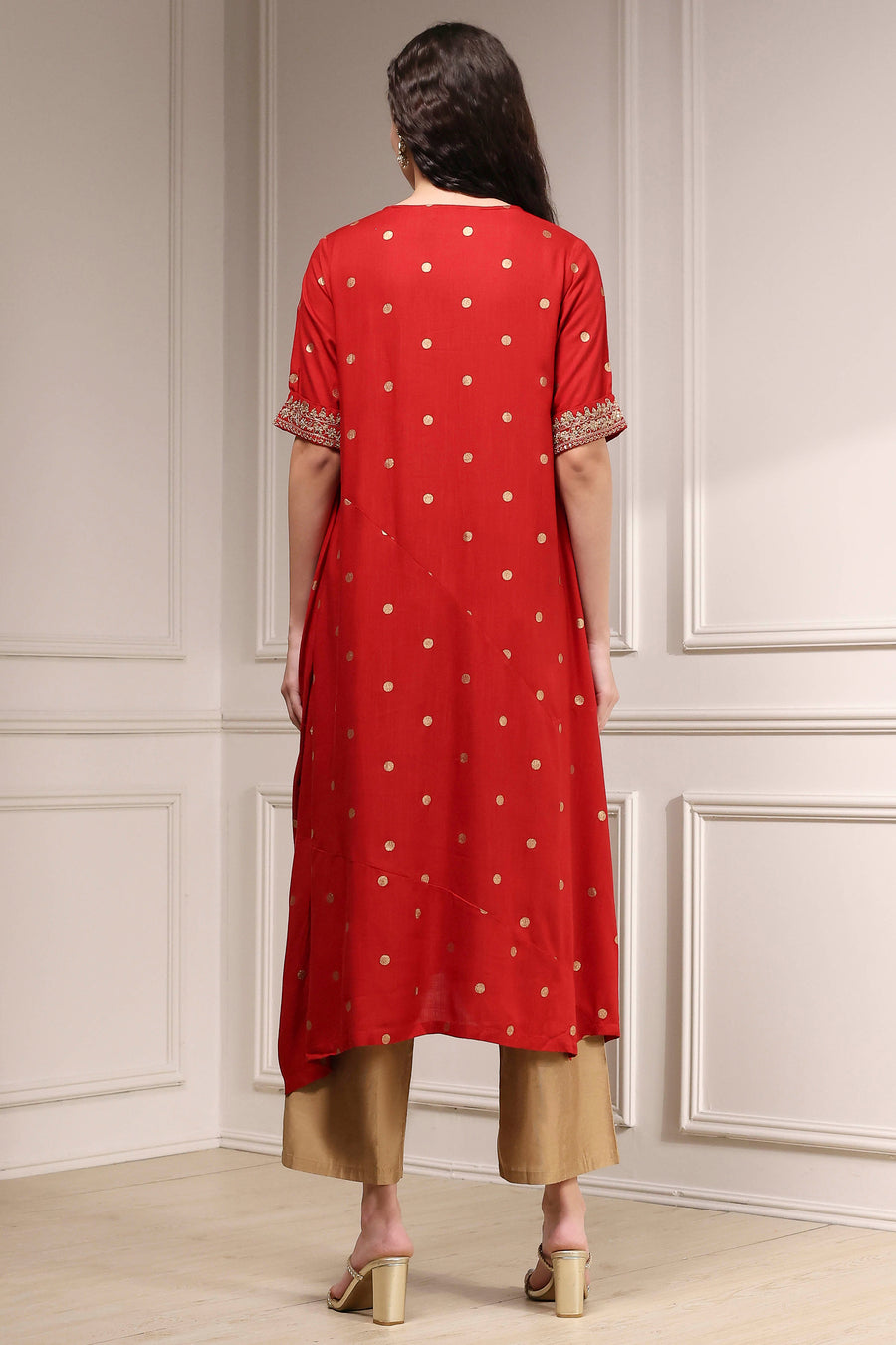 Red Printed Asymmetric A-Line Kurta - image 4