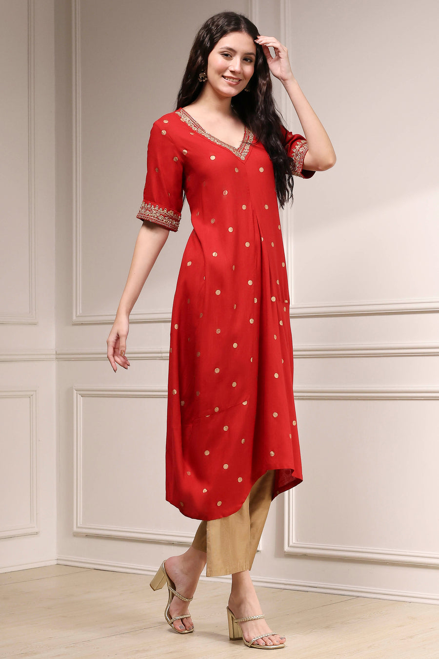 Red Printed Asymmetric A-Line Kurta - image 5